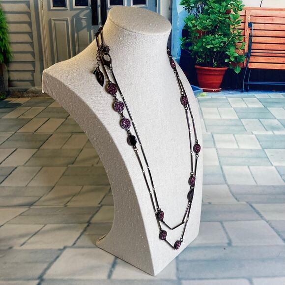 0116 Coldwater Creek Long Gatsby-Style Necklace in Gunmetal w/Pink Rhinestones - Picture 2 of 5